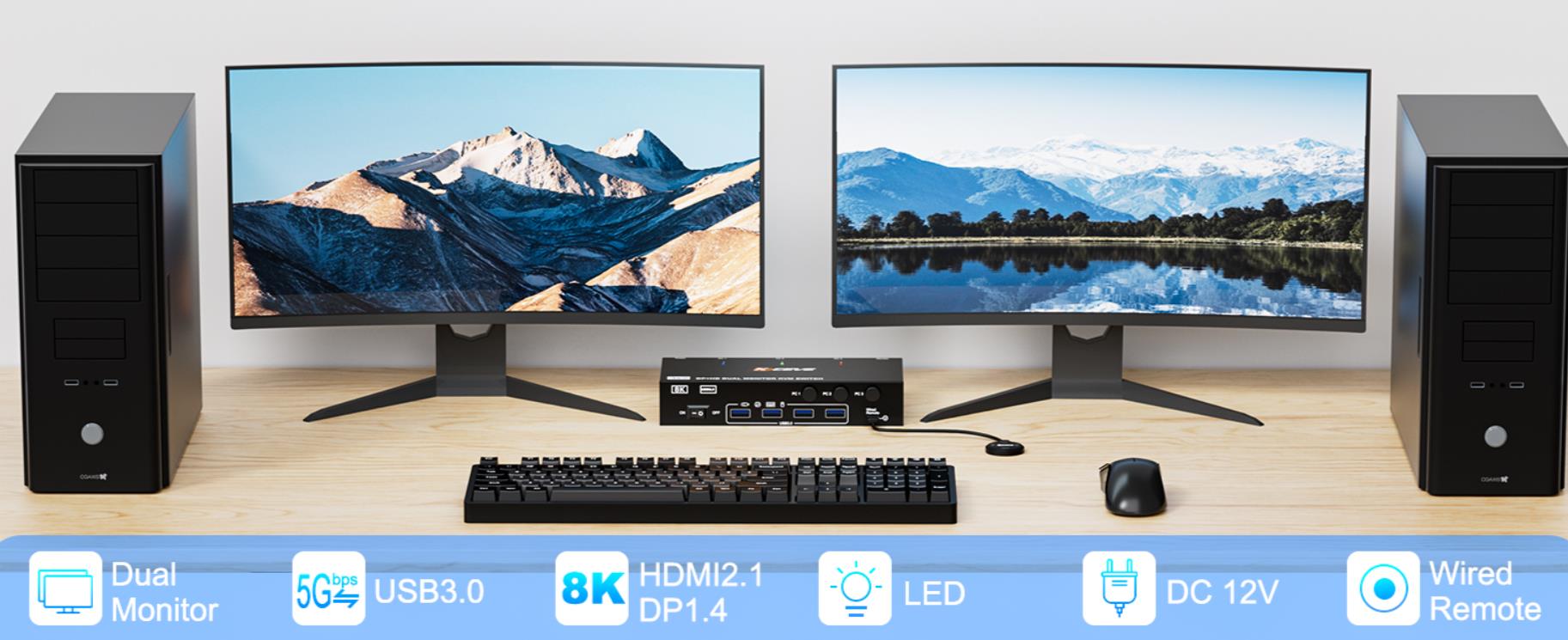 Displayport + HDMI KVM Switch 2 Monitors 3 Computers, Dual Monitor HDMI+DP USB 3.0 KVM Switcher