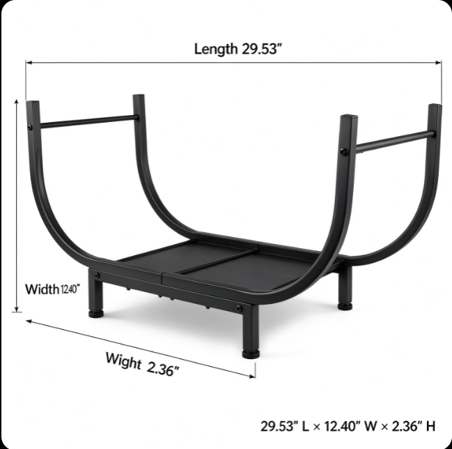 firewood rack dimension, 29.53 inch U-shaped log rack, metal firewood holder size, fireplace log sto