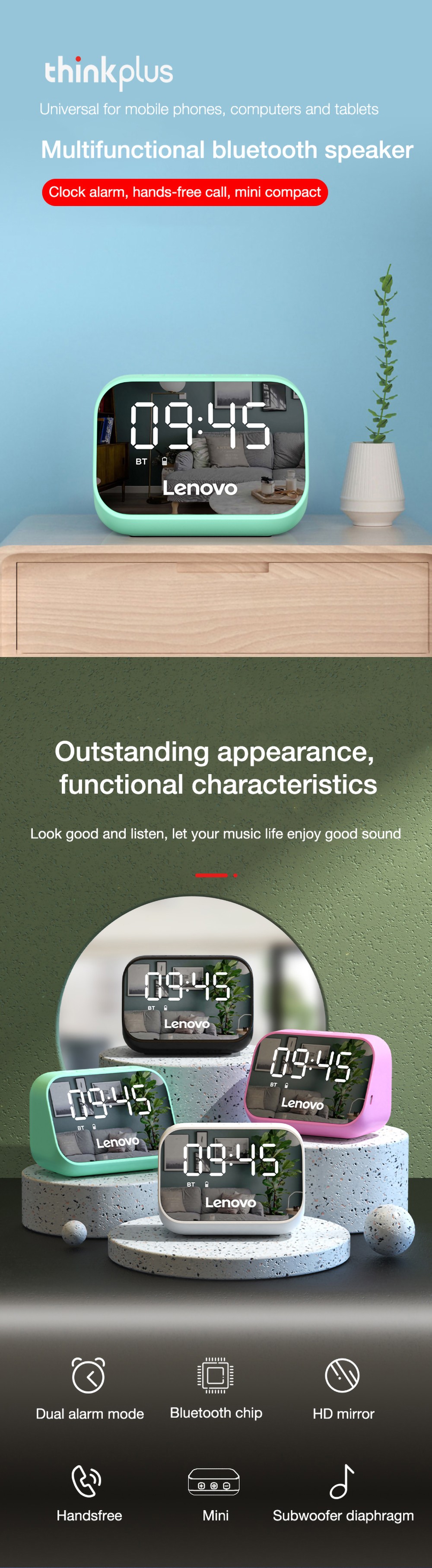 Lenovo TS13 Wireless Bluetooth Speaker Alarm Clock LED Digital Multifunction Speaker Stereo