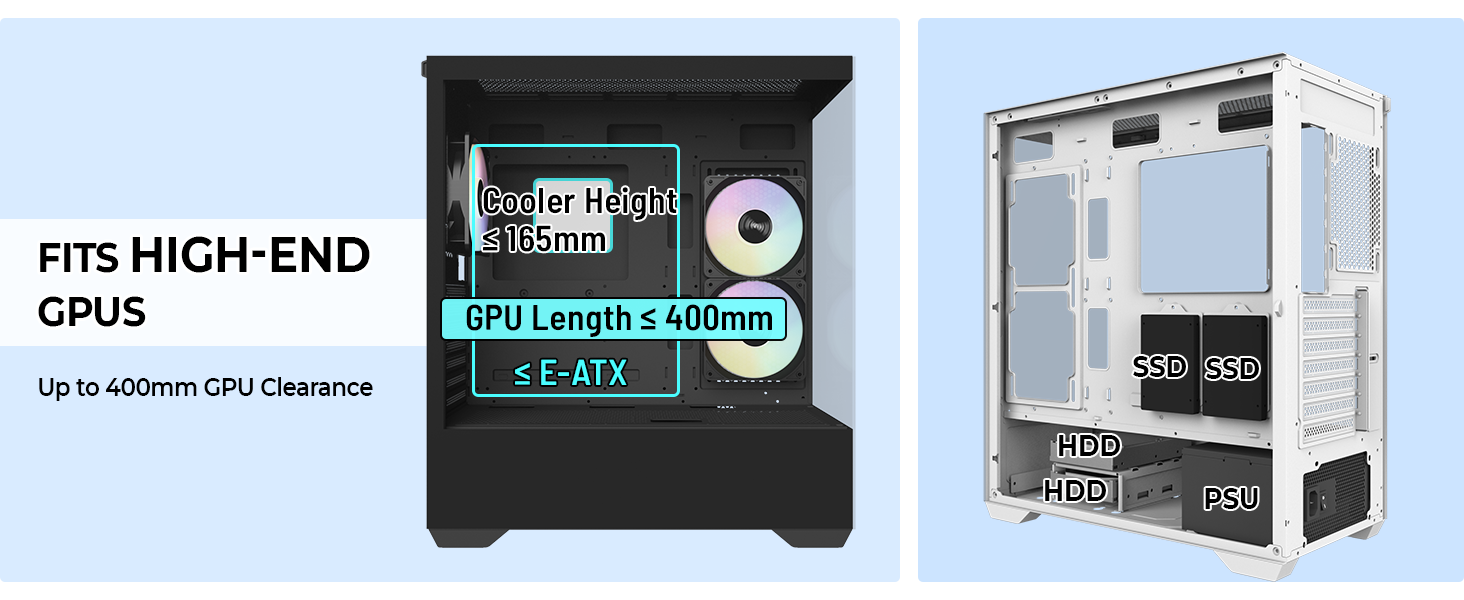 Supports graphics cards up to 400mm, providing ample space for today's most powerful gaming GPUs.