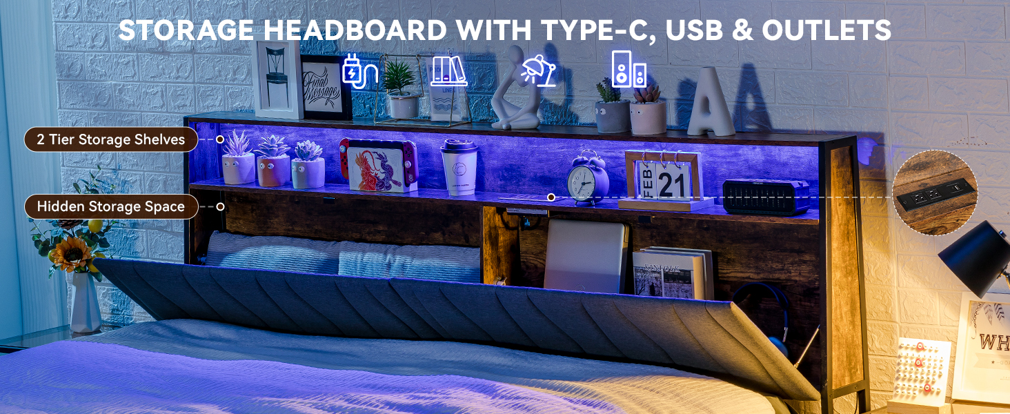 STORAGE HEADBOARD WITH TYPE-C, USB & OUTLETS