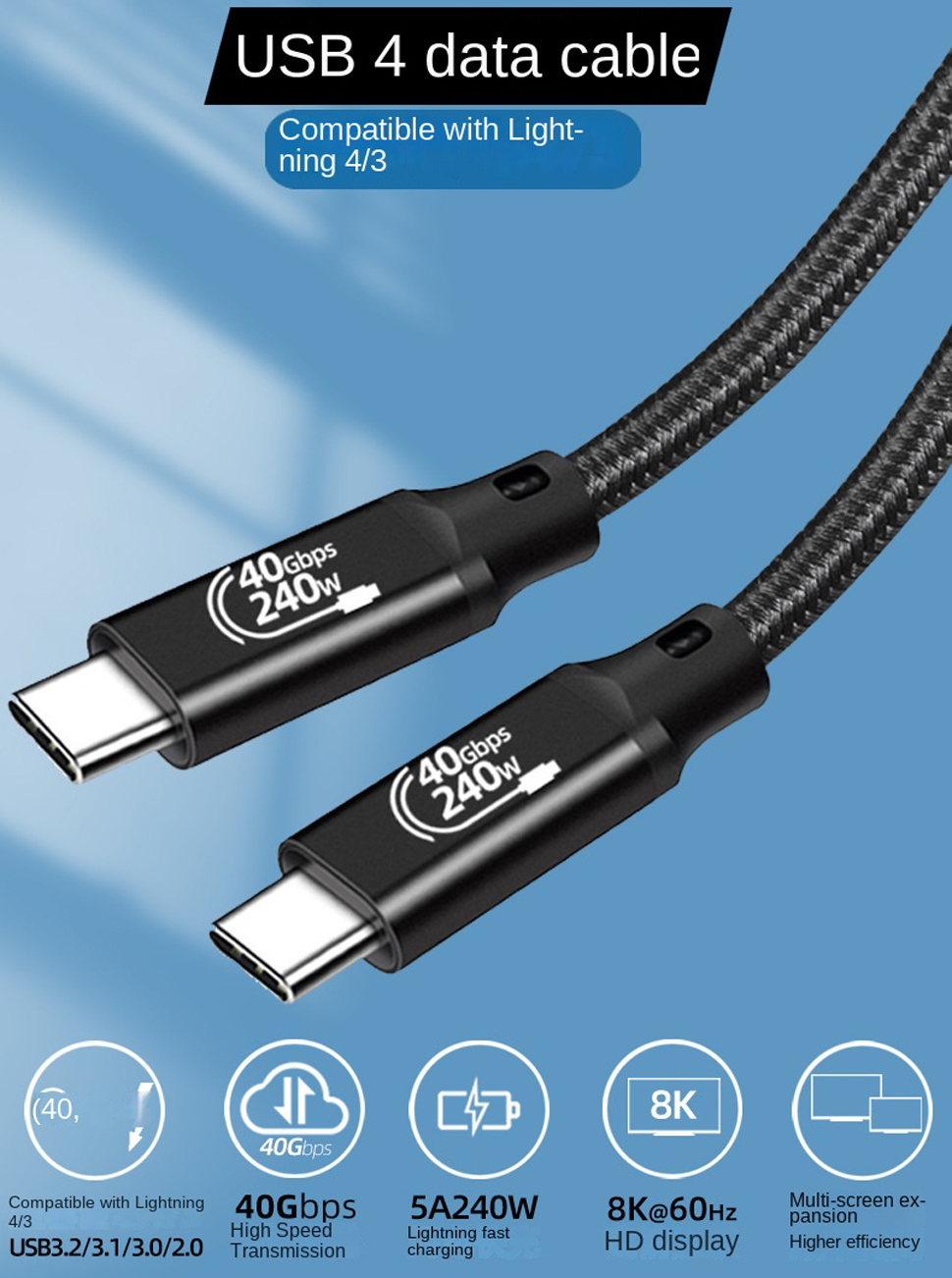 USB 4.0 240W 40Gbps Data Type-C Cable