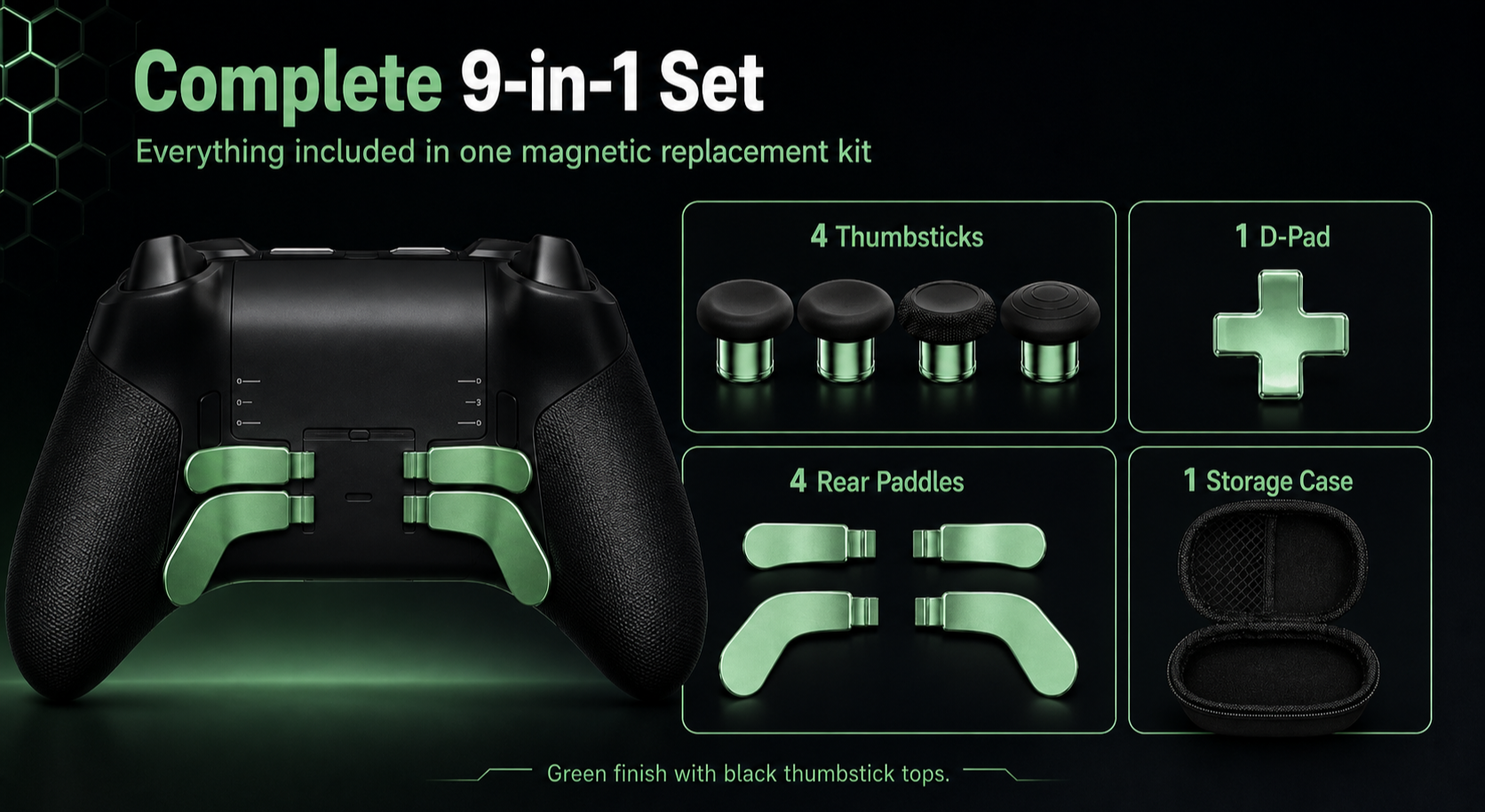 complete 9-in-1 set, controller replacement parts, thumbsticks paddles d-pad case, green