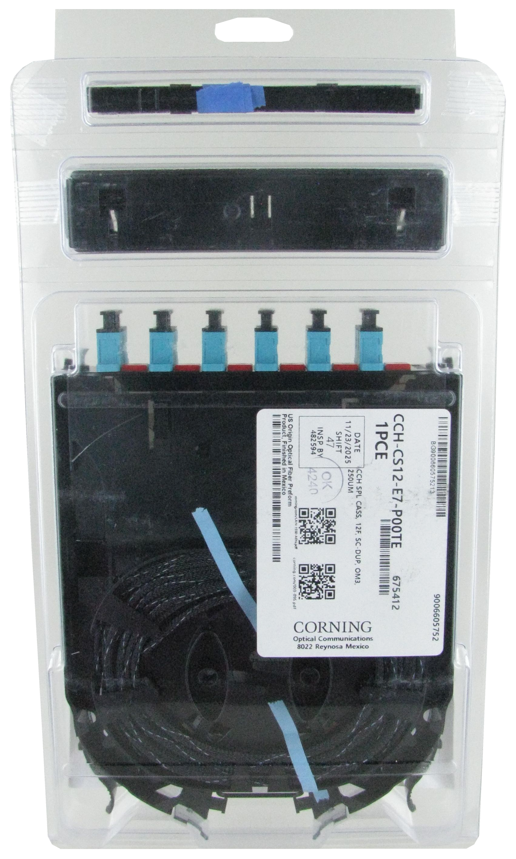 Corning CCH-CS12-E7-P00TE 12-fiber SC duplex OM3 pigtailed splice cassette