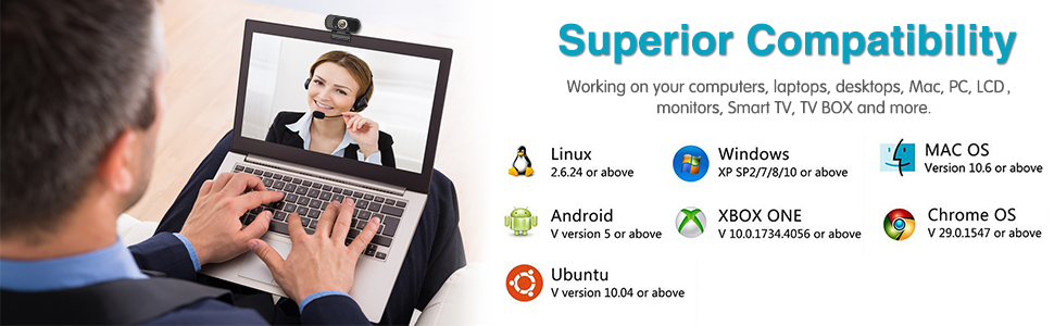 Works with Windows 10/8/7/XP/2000, Android TV, Mac OS X, Facebook, Skype, YouTube, Twitter, Switch 2