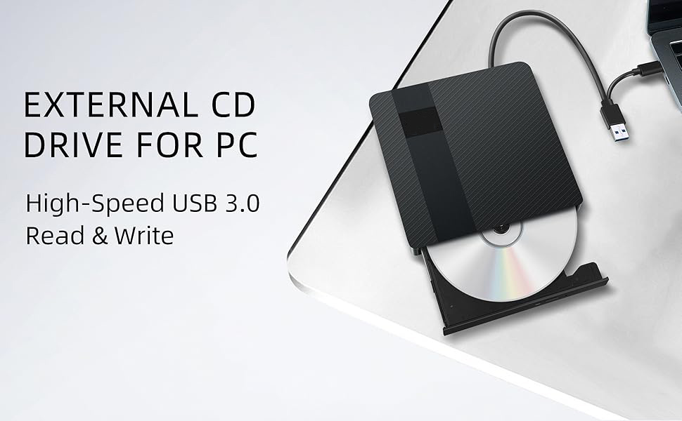 External CD/DVD Drive for Laptops, USB 3.0 & Type-C Portable DVD Player+/-RW Burner Writer Reader, E