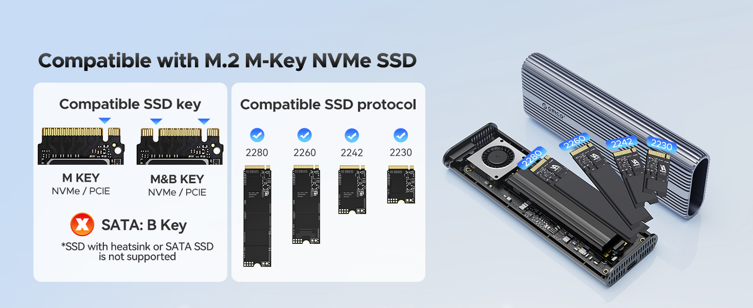 ORICO Aluminium 40Gbps M.2 NVMe SSD Enclosure with Cooling Fan, External SSD Enclosure M.2 SSD Case,