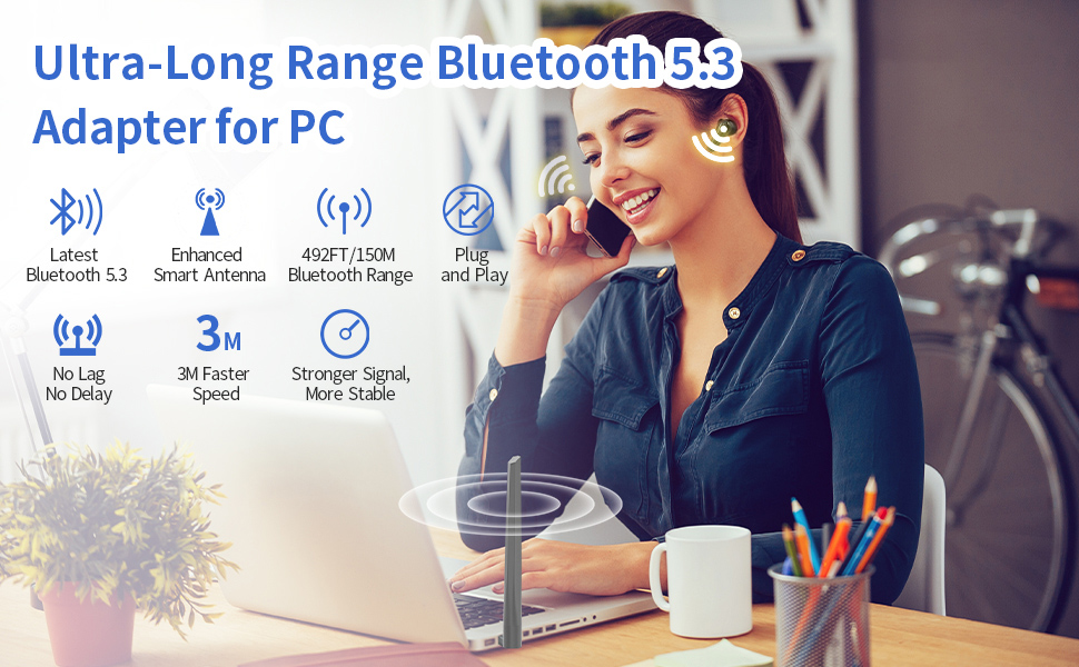Bluetooth Adapter for PC - Long Range USB Bluetooth 5.3 Dongle (EDR & BLE)  - 492FT/150M Wireless Transfer Transmitter Receive for Desktop Laptop, Plug  & Play, Supports Windows 11/10/8.1/7 