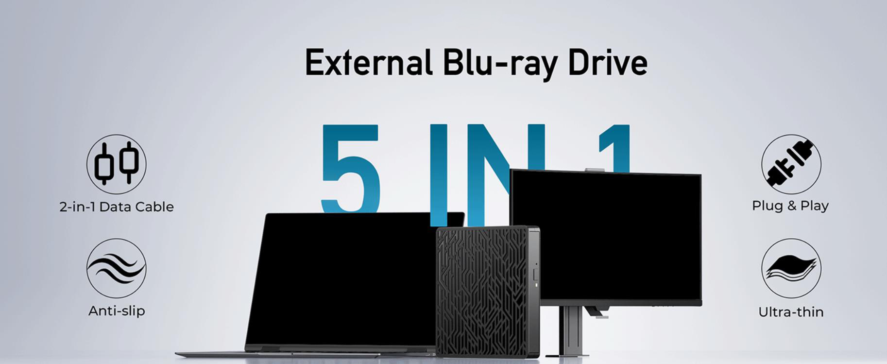 5 in 1 External Blu Ray Drive, External Blu Ray CD DVD Drive, USB 3.0 Type C Portable Blu Ray Burner