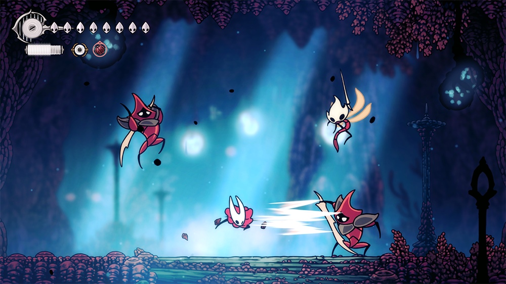 Hollow Knight Silksong screenshot showing Hornet in combat with multiple enemies using silken abilities