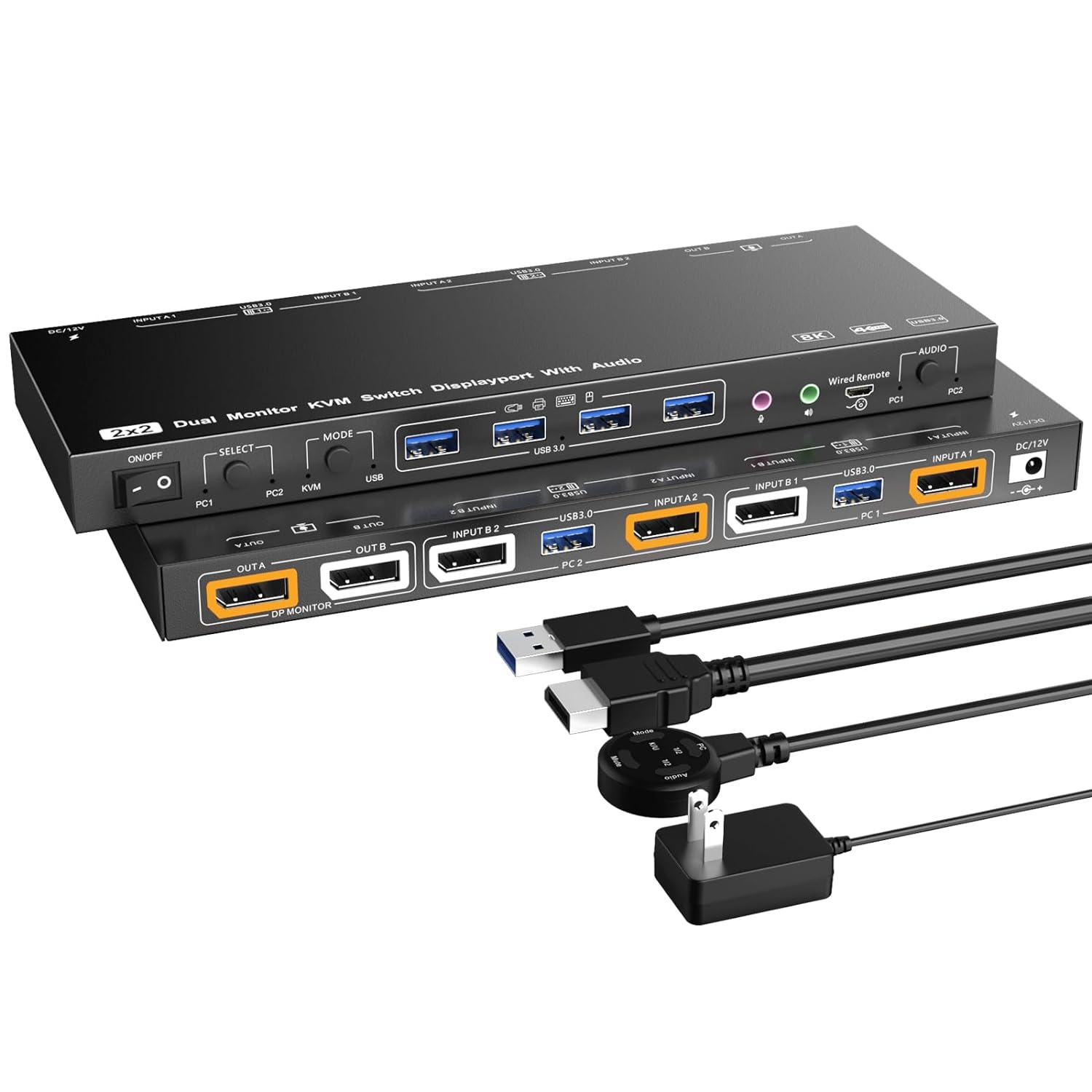 KVM Switch 2 Monitors 2 Computers, for 2 Computers to Share 4 USB 3.0 HUB and 2 Monitors, Support KV