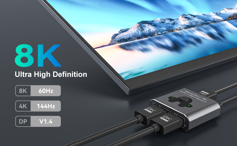 Hitoor Displayport Switch 2 in 1 Out, 8K@60Hz 4K@144Hz Display Port Switch, Displayport Switcher, DP