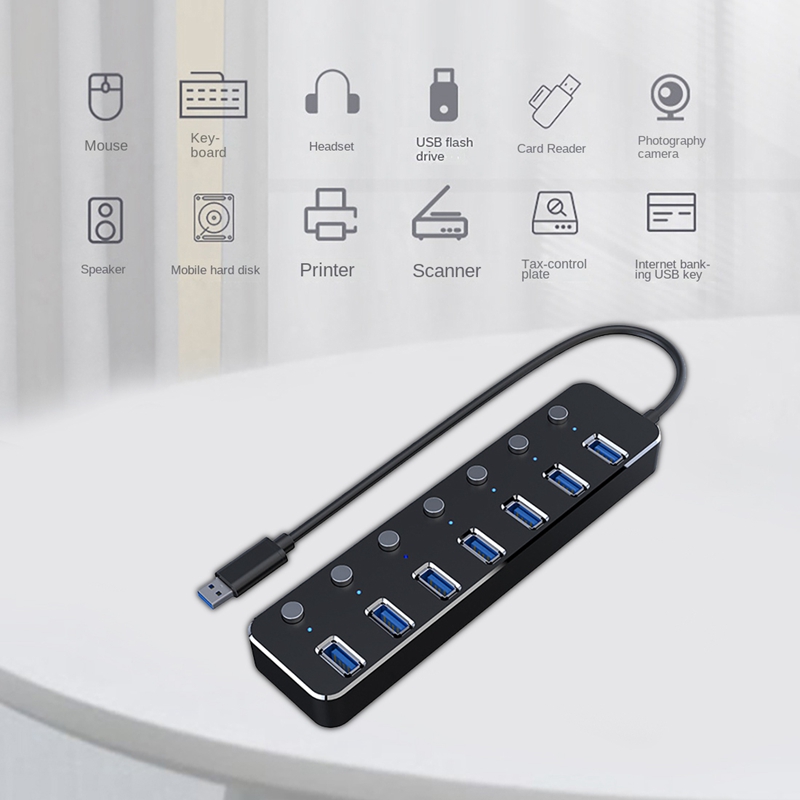 Aluminum Alloy 7 Ports High Speed USB 3.0 Hub Sub-control Independent Power Switch