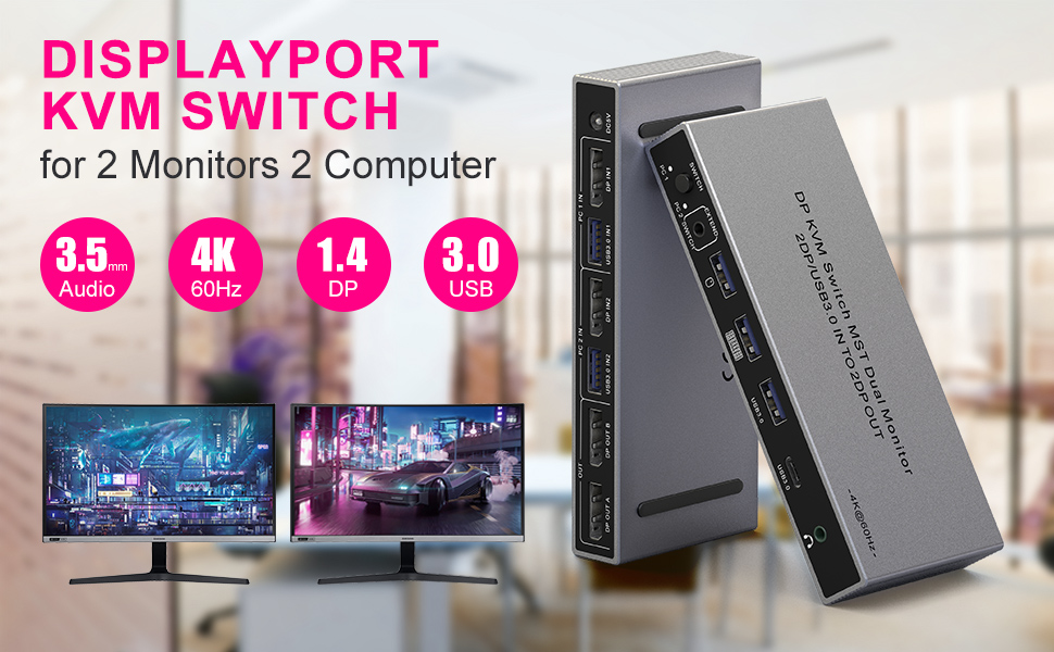 Displayport KVM Switch 2 Monitors 2 Computers - 2 in 2 Out DP Chip 4K@60Hz Dual Monitor DP KVM Switc