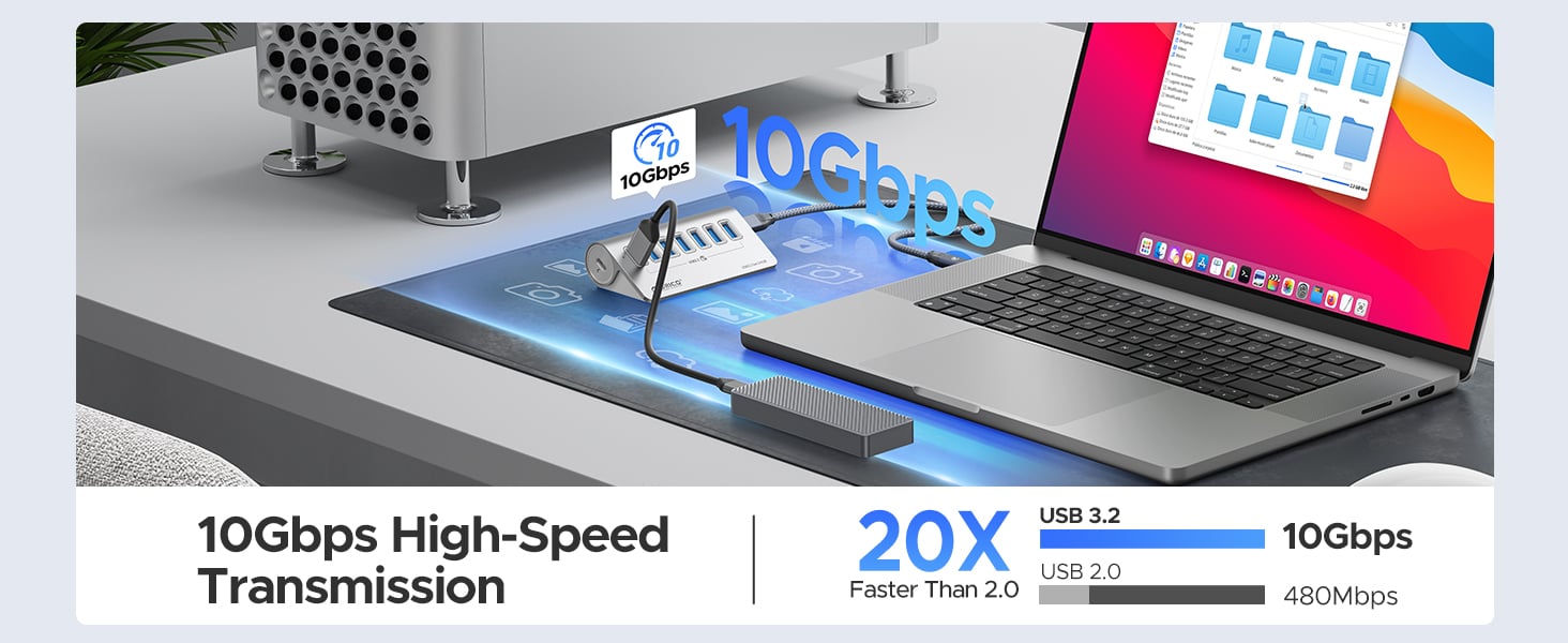 ORICO 7 Port USB 3.2 HUb , USB C Hub with 10Gbps High Speed Data Transfer,  Aluminum USB C Splitter wih 1.64Ft Data Cable and a USB C to USB Adapter