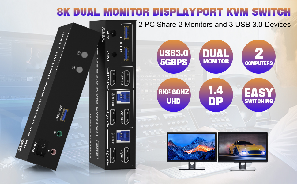 8K@60Hz Displayport KVM Switch for 2 monitors 2 computers Share 2 monitors and 3 USB3.0 devices