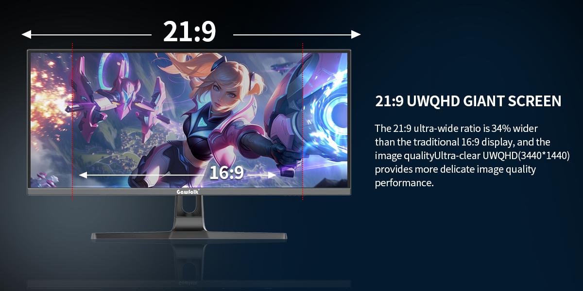 21:9 Ultra-Wide Giant Screen. 34% wider than traditional 16:9 monitor. UWQHD 3440×1440 resolution br