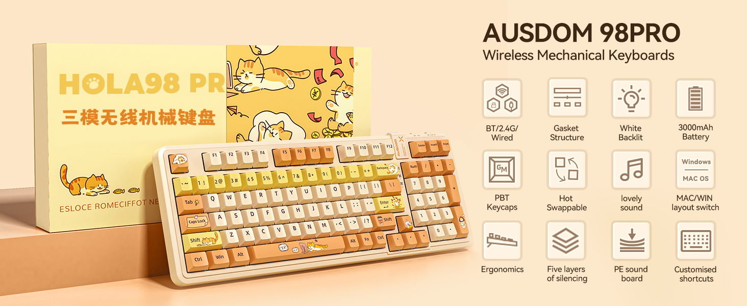 AUSDOM 98Pro Wireless Mechanical Keyboard with Backlit(Yellow Cat Theme)