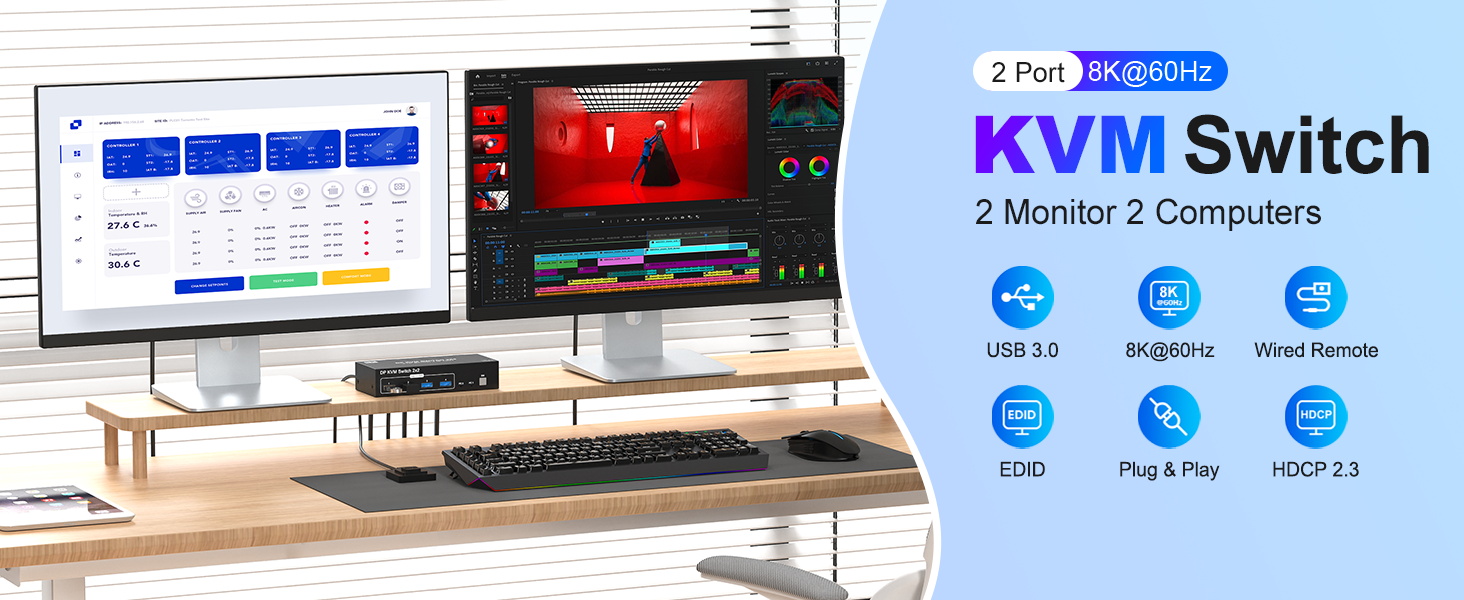 8K@60Hz DisplayPort KVM Switch 2 Monitors 2 Computers, 4K@144Hz Dual Monitor DP KVM Switch with 4 US