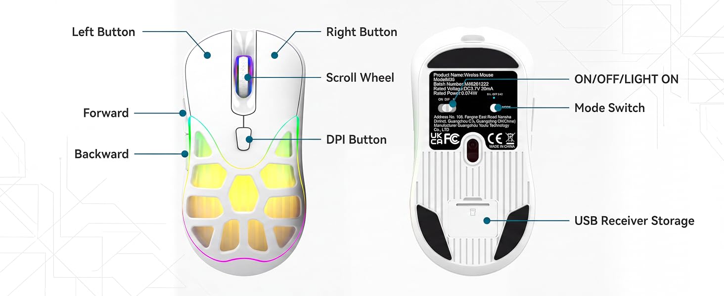 Wireless Gaming Mouse, Bluetooth/2.4G, 6400 DPI, RGB -White | Dual-Mode Bluetooth/2.4G Wireless Mous