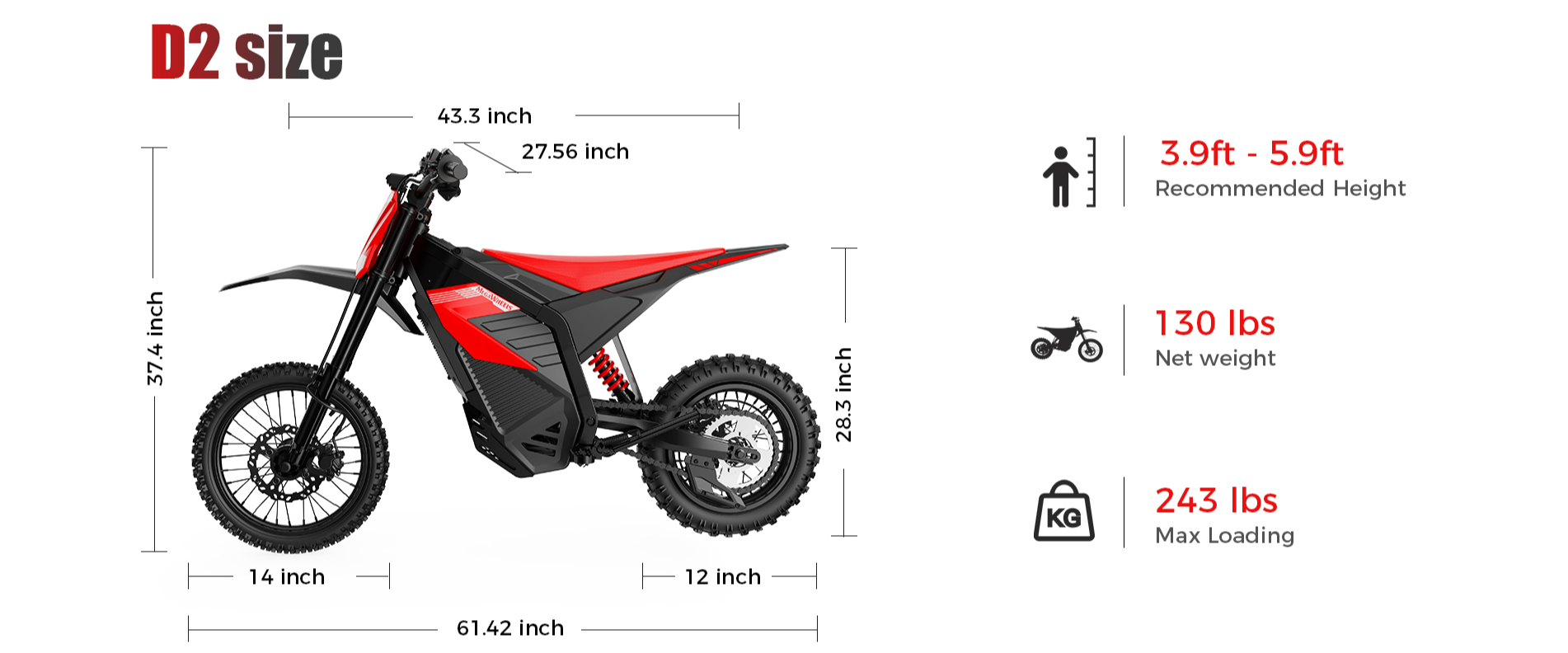 MEGAWHEELS D2 dirt bike size