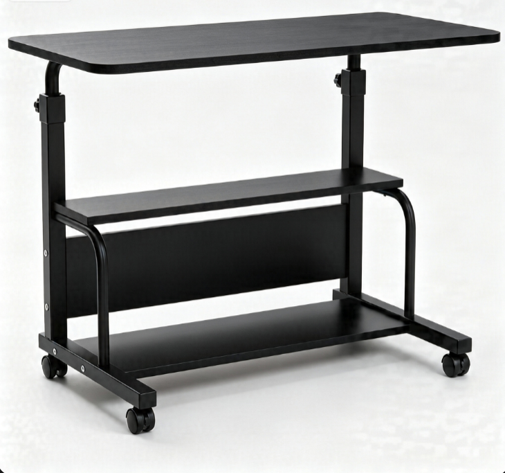 Height adjustable rolling computer desk, mobile laptop table with storage shelves and lockable wheel