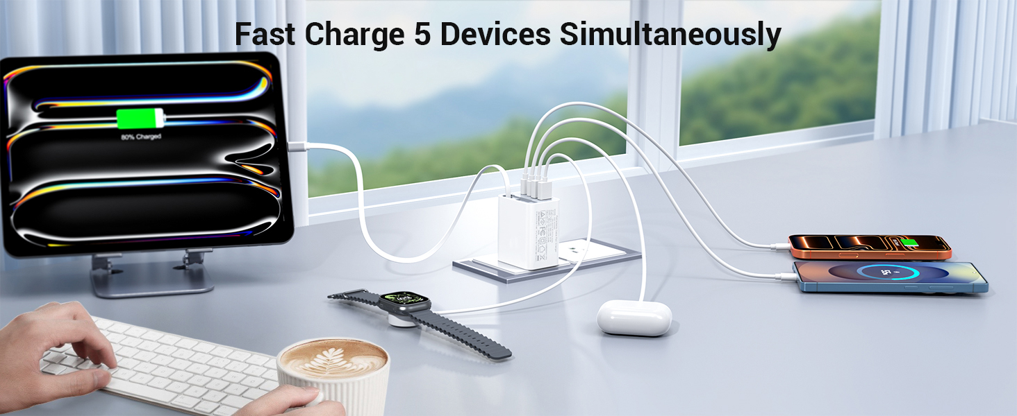 40W Retractable Charger, 4 Port Travel Essentials Multiport, 5-in-1 PD Wall Charger Block