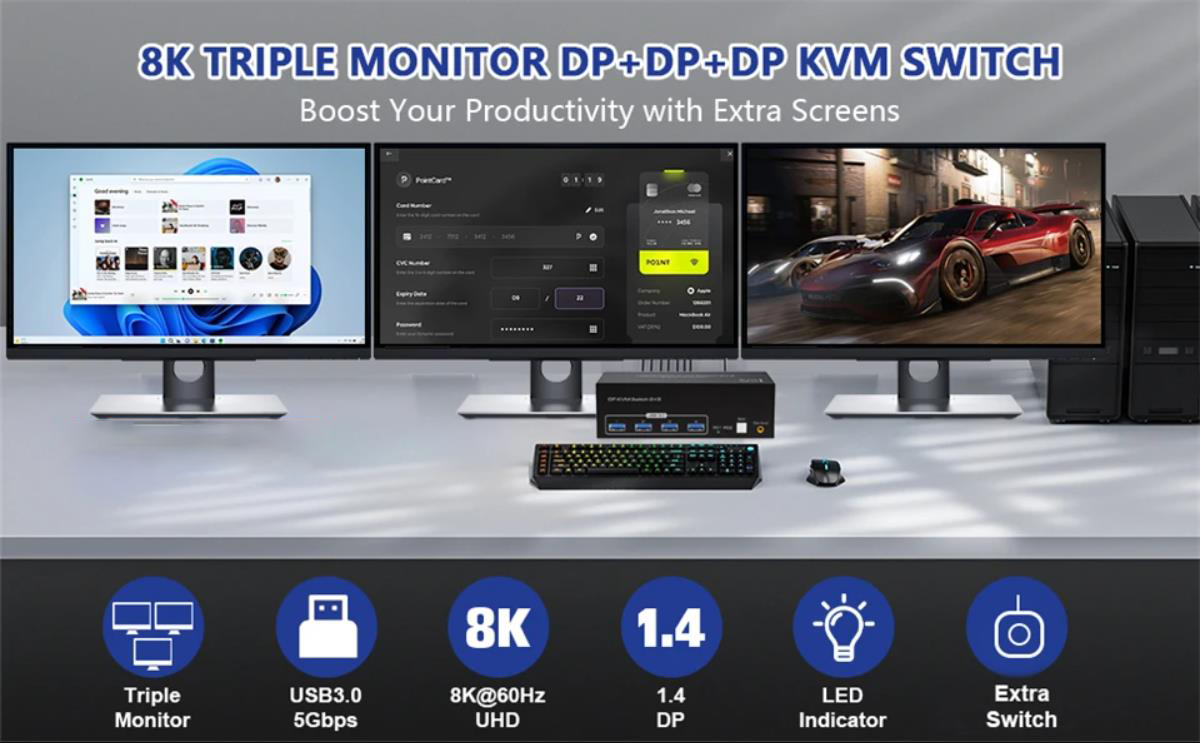 USB 3.0 Triple Monitor DP kvm switch for 2 computer sharing 3 monitor and 4 USB 3.0 Ports