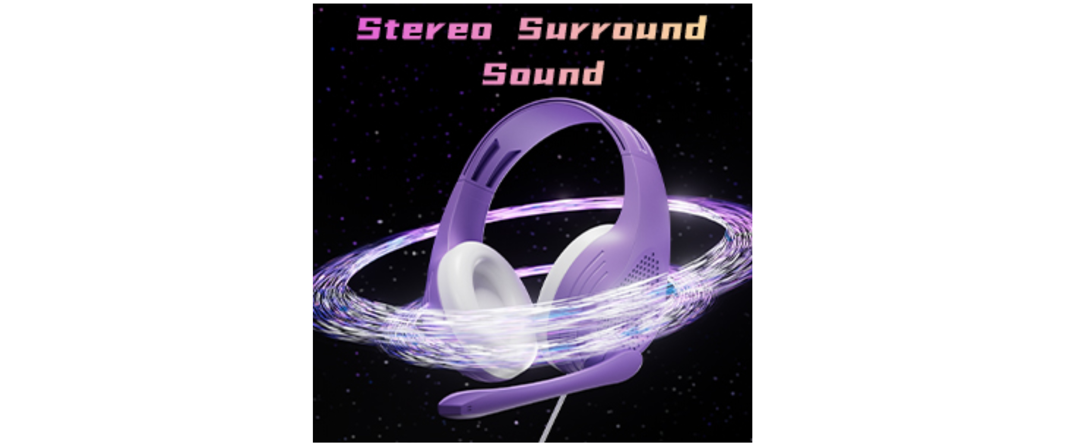 Purple gaming headphone, surround audio, starry background