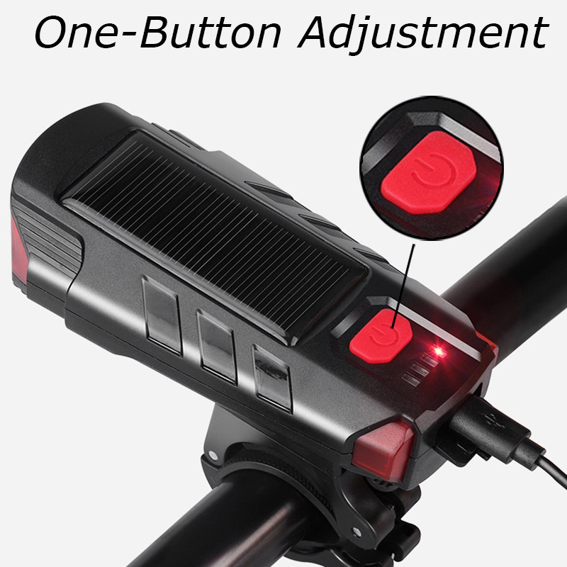 Solar Powered Led Bicycle Front Headlight with Horn, USB Rechargeable Waterproof Bike Light