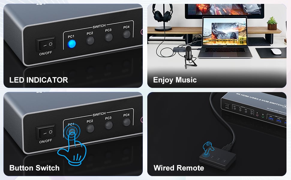 LED Indicator  When switching to which PC, the LED will tell you whether PC1 or PC2/PC3/PC4 is activ