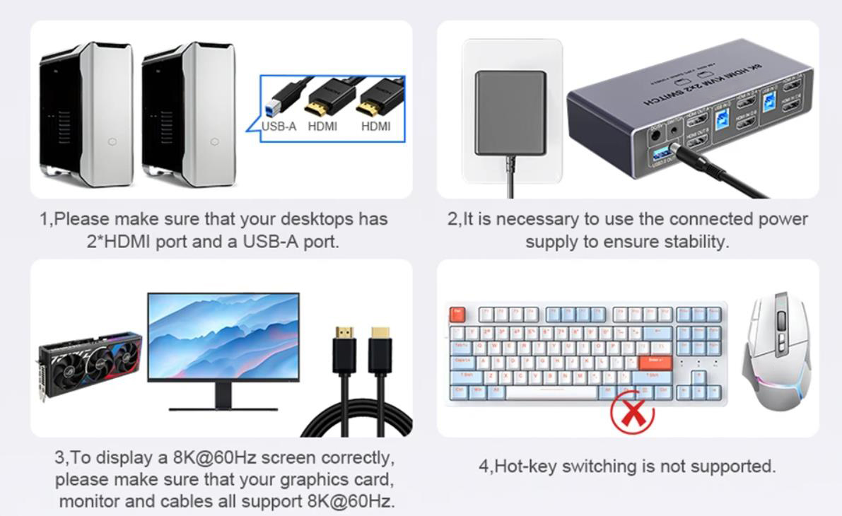8K@60Hz Resolution:  Experience the future of visual technology with our 8K@60Hz KVM Switch, deliver