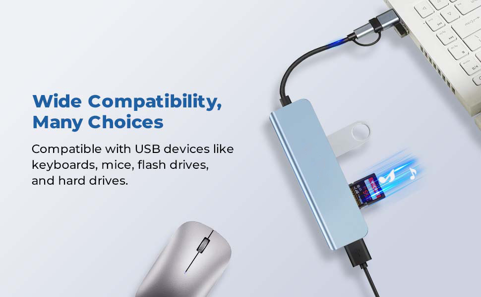 [5 in 1] USB & Type C Hub, Multiple USB Hub 3.0 & TF/SD Card Reader, USB Splitter 5 Ports USB Exten