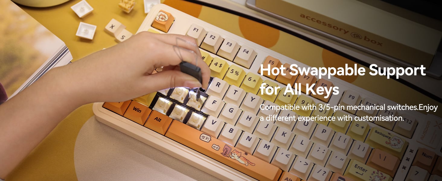 AUSDOM 98Pro Wireless Mechanical Keyboard with Backlit(Yellow Cat Theme)