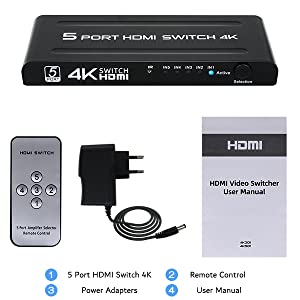  HDMI Switch with Remote - HDMI Switcher 5 in 1 Out, 4K HDMI  Switch Box, Multiple HDMI Port for TV, 5 HDMI 1.4 Port, Support 4K@30Hz, 3D  Audio Video Sync, Compatible