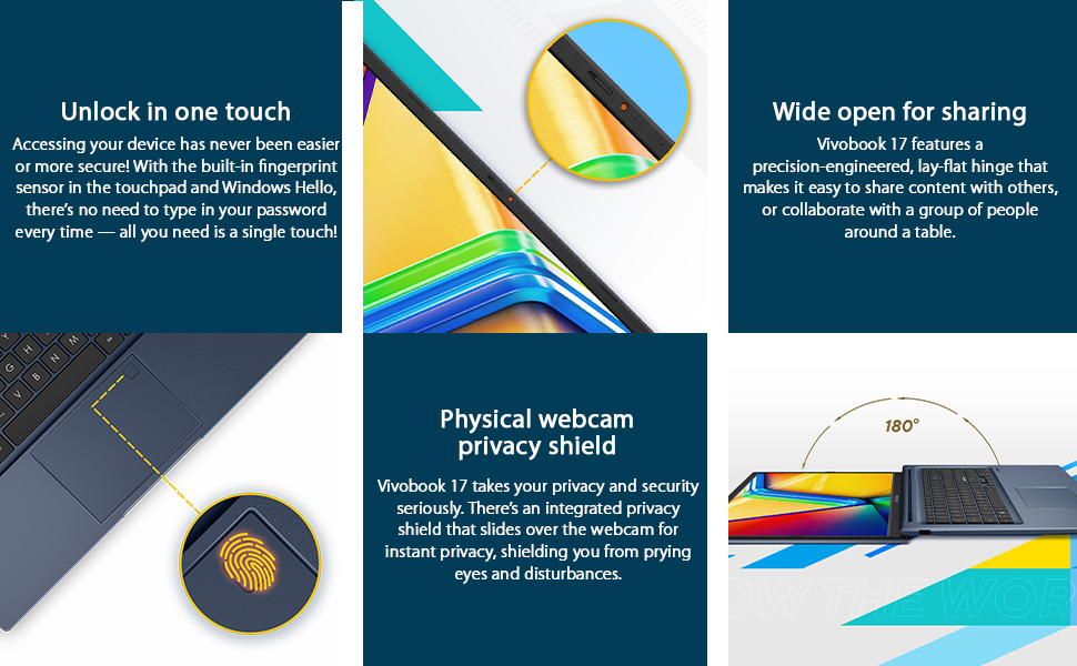 Unlock in one touch, Physical webcam privacy shield, Wide open for sharing