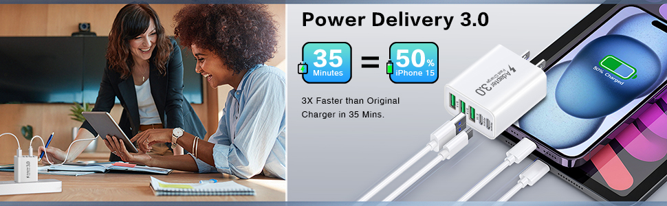 2-Pack USB C Wall Charger, 50W 5-Port USB C Charger Block, Fast Charging Block 2 USB C+3USB A Wall P