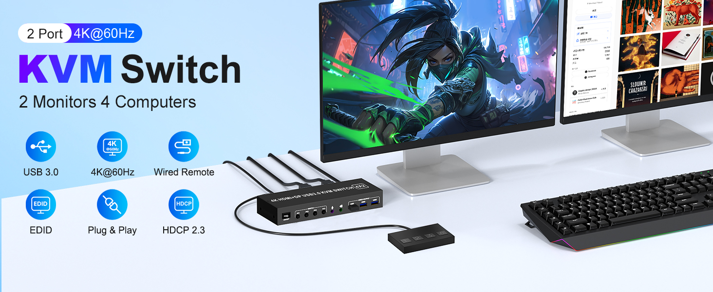 HDMI DisplayPort KVM Switch 4 Computer 2 Monitors, 4K@60Hz Dual Monitor KVM Switch 4 Port