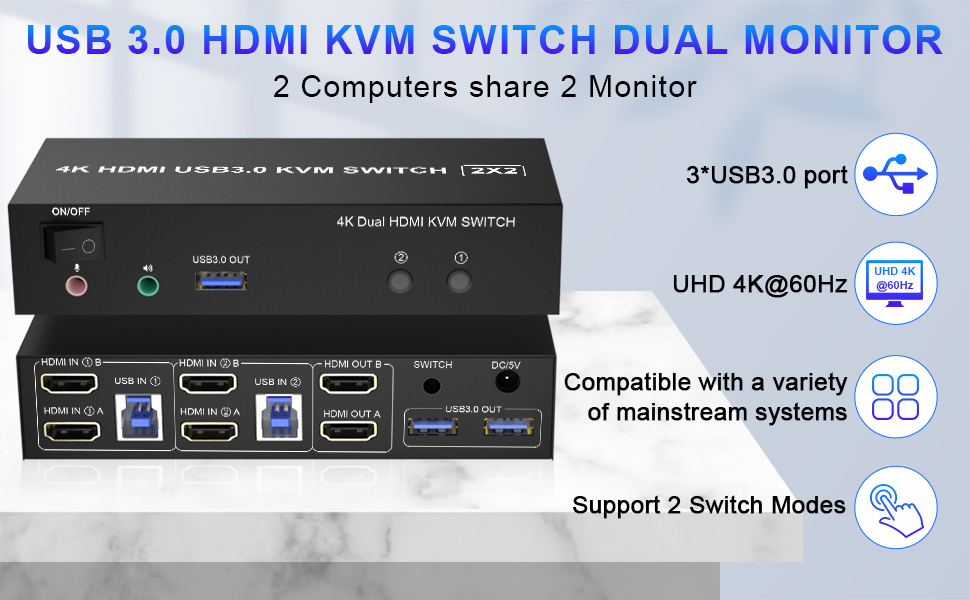 2 Port USB 3.0 KVM Switch HDMI Dual Monitor With this USB 3.0 HDMI dual monitor KVM switch, you can