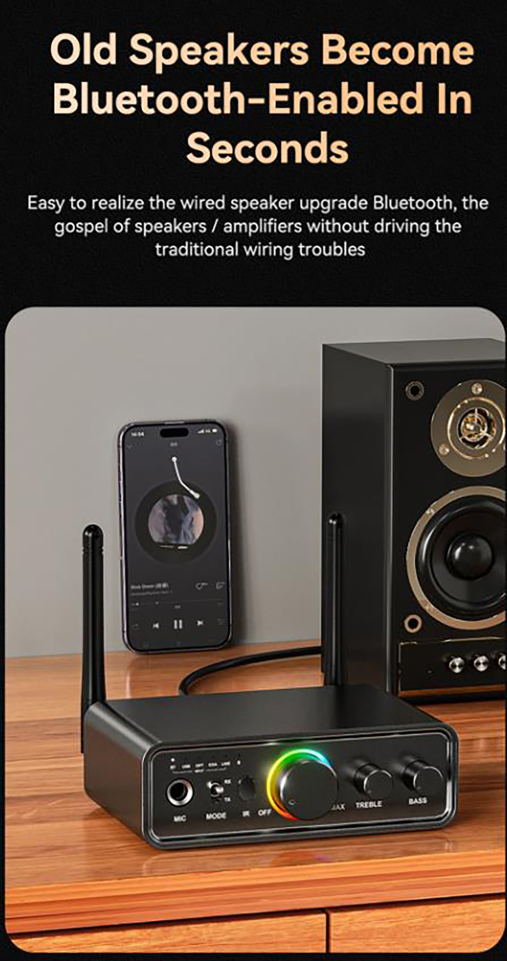 Hitoor RGB Bluetooth 5.3 Audio Transmitter Receiver for Home Stereo TV, HiFi Wireless Bluetooth Low