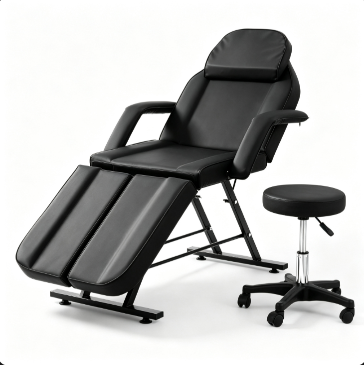 3-Section Adjustable Massage Chair with Rolling Stool, Reclining Spa Tattoo Facial Bed for Beauty La