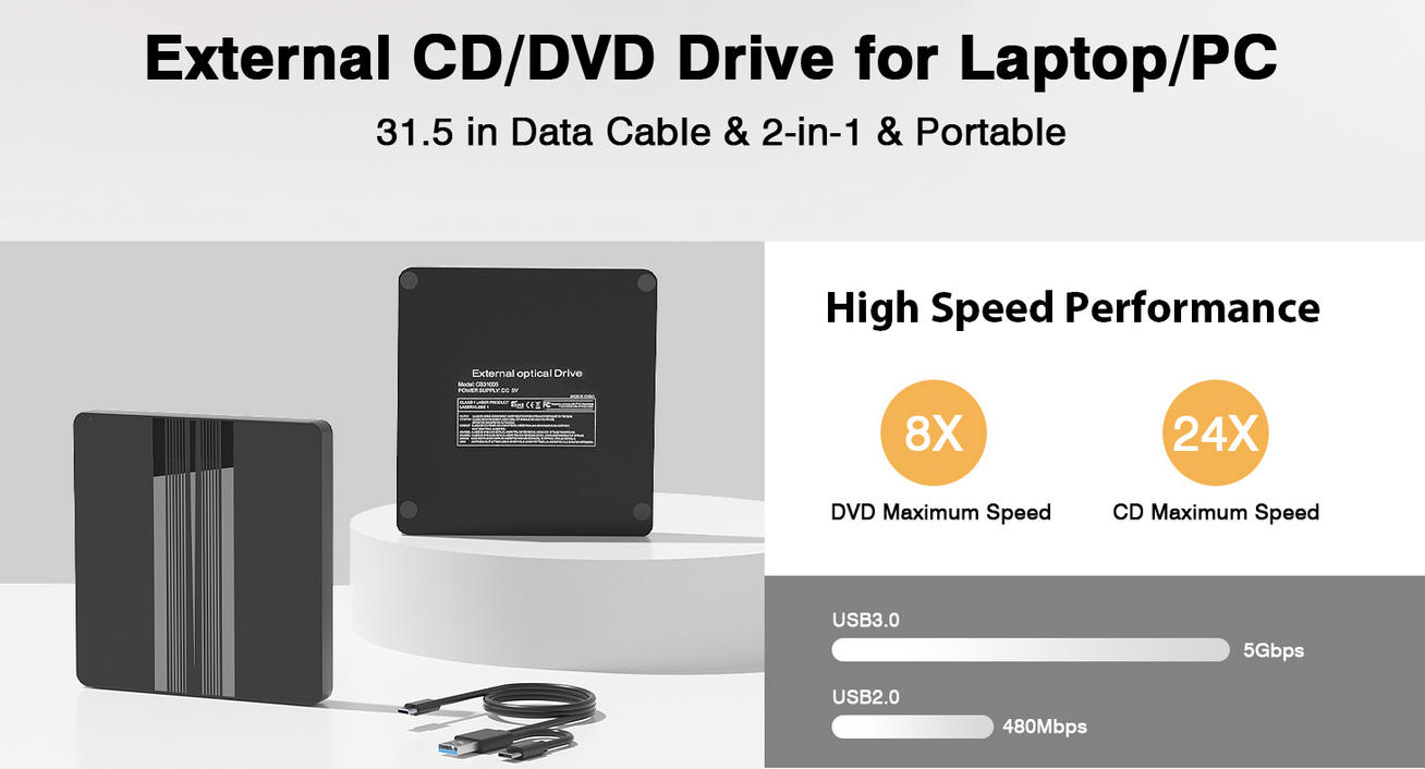 External CD/DVD Drive for Laptop, USB 3.0 Type C Portable CD DVD Disc Drive Reader Burner Player