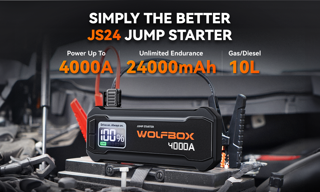 WOLFBOX MV24 4000A Jump Starter – 12V 24000mAh Lithium Booster With 65W Fast Charge & LED Light