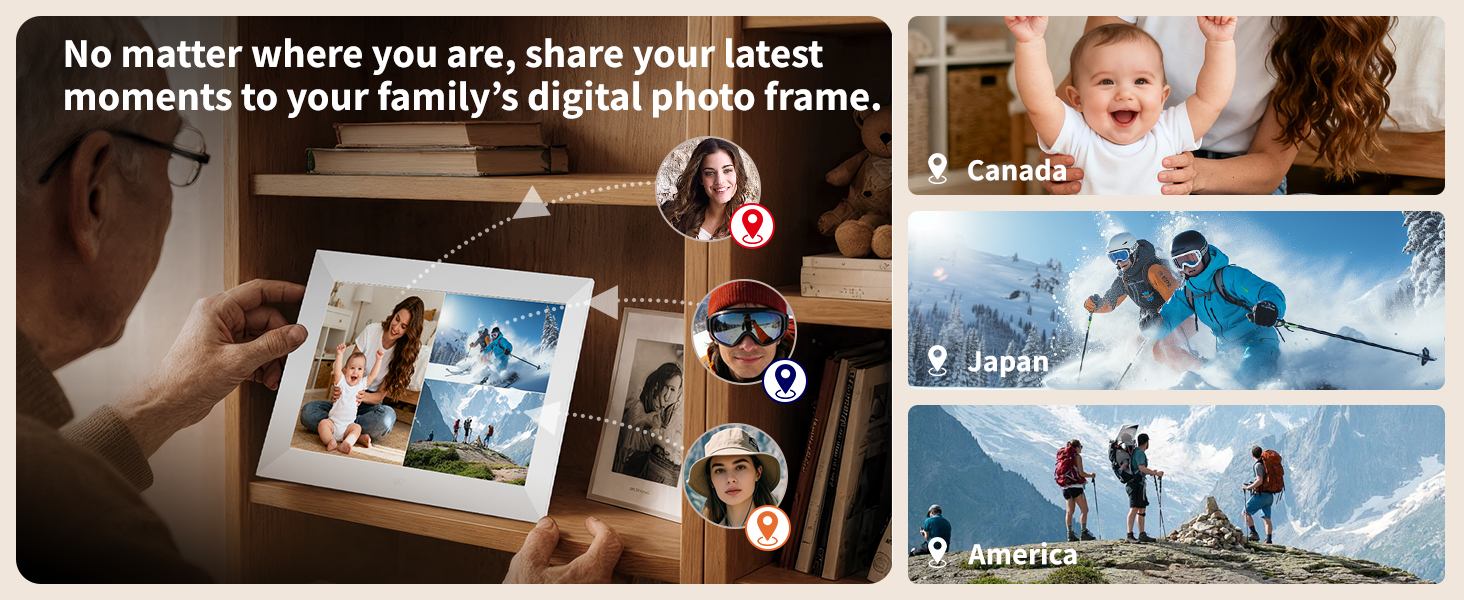 No matter where you are, share your latestmoments to your family's digital photo frame.