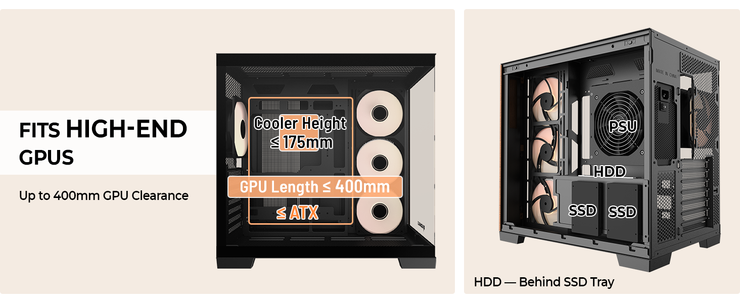 Spacious and Compatible: Supports GPUs up to 400mm in length, accommodating high-performance hardwar