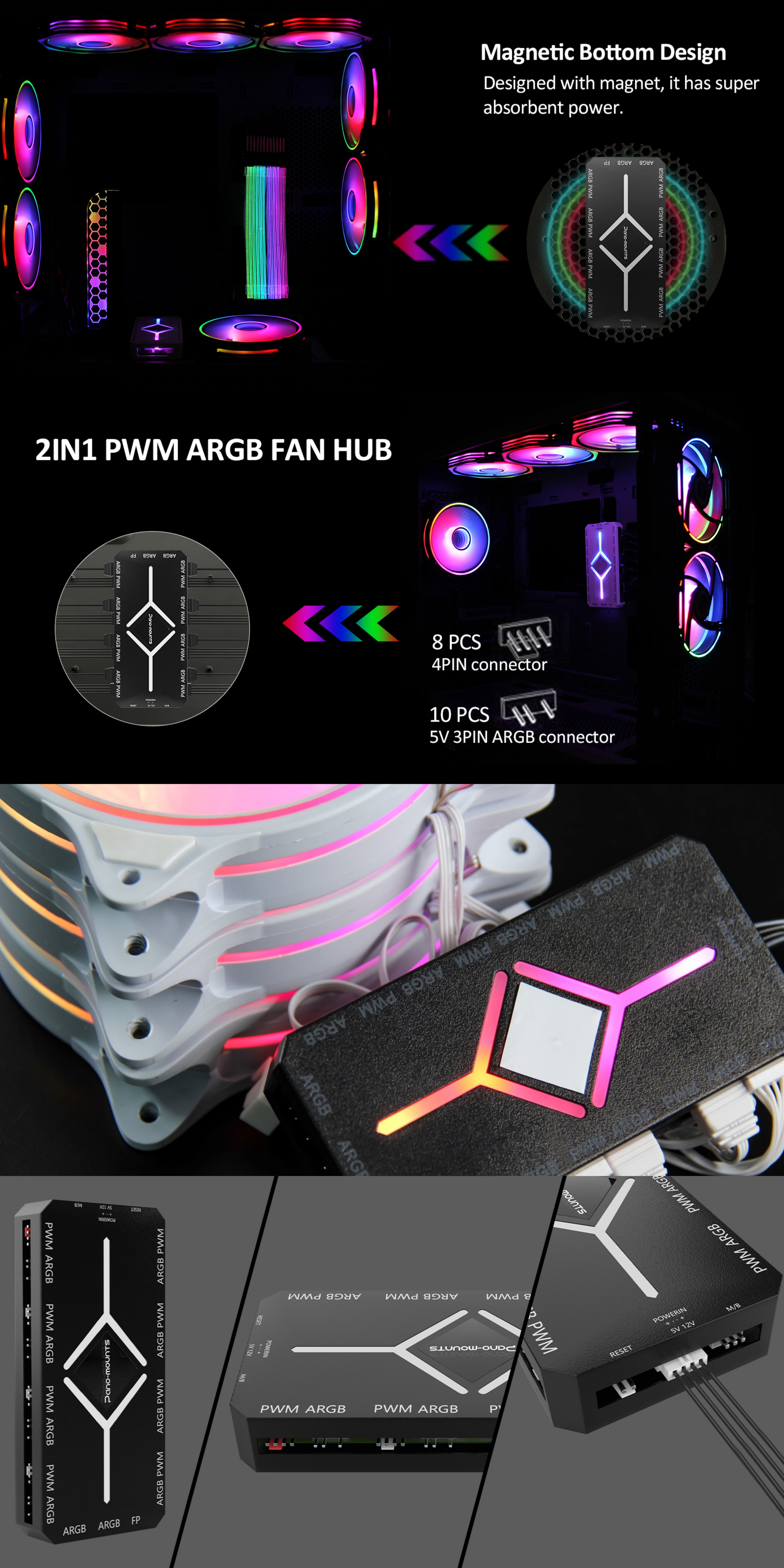 PWM Fan Hub For 5V Addressable ARGB Computer PC Case Fan PWM 1 to