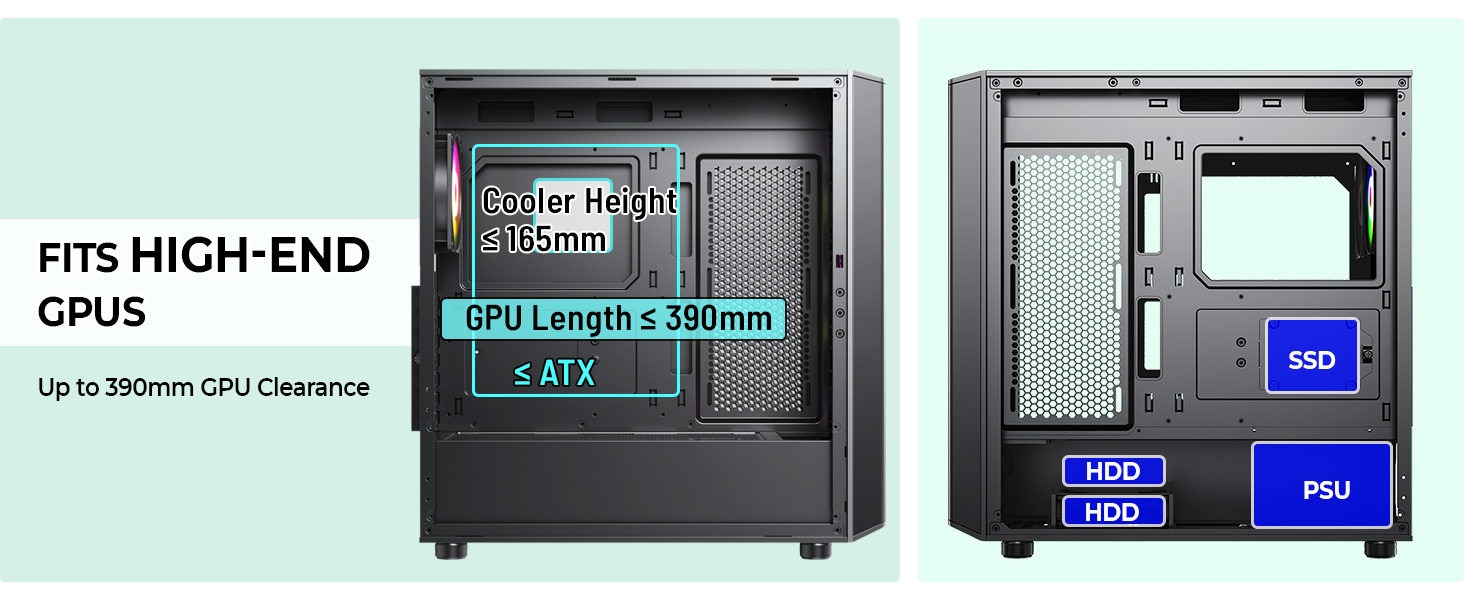 Mesh front airflow, 4x ARGB fans, built-in 700W 80+ PSU, 360mm radiator support, and ATX/Micro-ATX/M