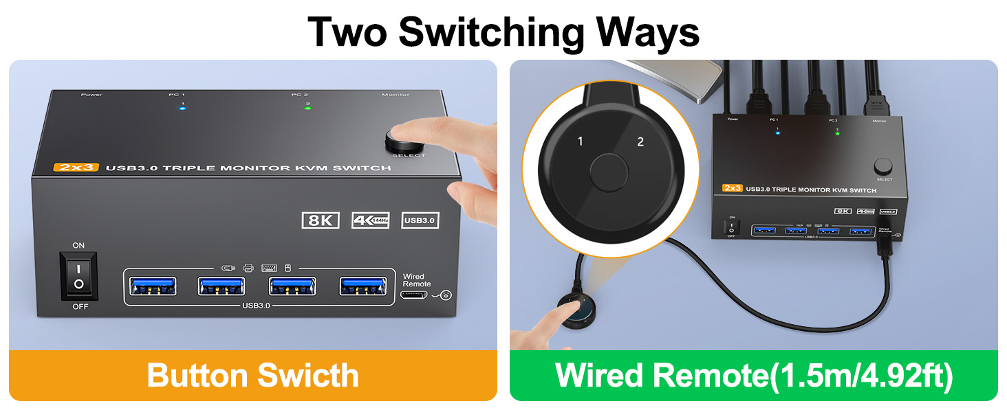 Two switch methods Wired switching (1.5m/4.92ft) is very convenient