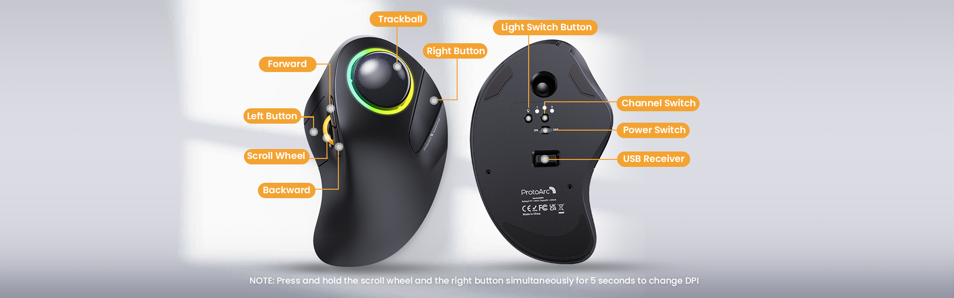 ProtoArc EM03 Ergonomic Wireless Bluetooth RGB Trackball Mouse ...