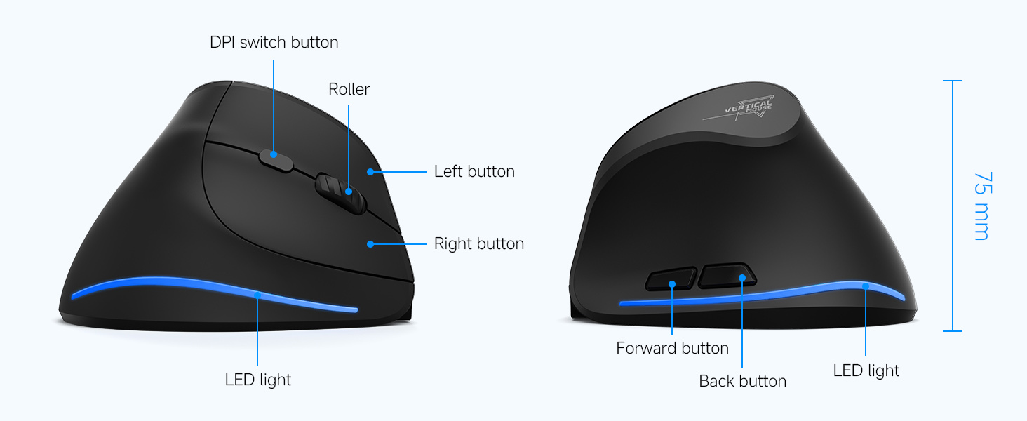 Ergonomic Wireless Mouse, Bluetooth Vertical Mouse with LED Light, Control Up to 3 Devices (BT5.0+BT